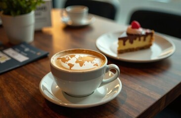 World map made of cinnamon on cappuccino foam. Cup of coffee, dessert, boarding passes. Travel concept. Cappuccino at the airport