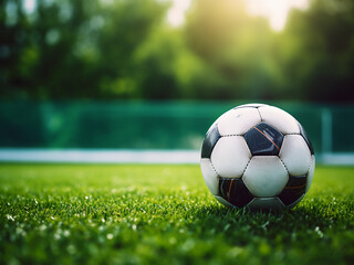 Obraz premium Soccer ball on green grass illuminated by sunlight with soft shadows