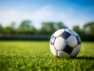 Fototapeta premium Soccer ball on the stadium grass line ready for action