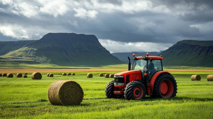 Obraz premium Red tractor in green field with hay bales, showcasing rural life
