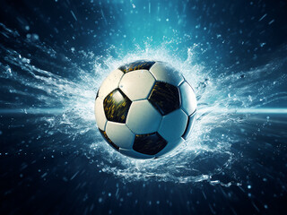 Naklejka premium 3D illustration of a soccer ball flying through water drops with light rays