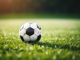 Fototapeta premium Soccer ball on the green grass field positioned for the game