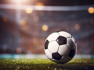 Fototapeta premium Soccer ball in the goal with net and blurred light bokeh effect