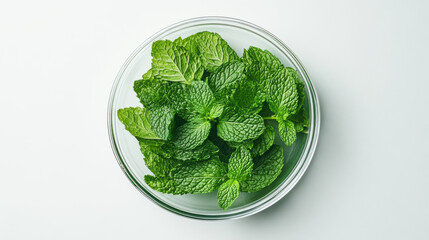 Fresh mint leaves in clear bowl, showcasing vibrant green colors and texture