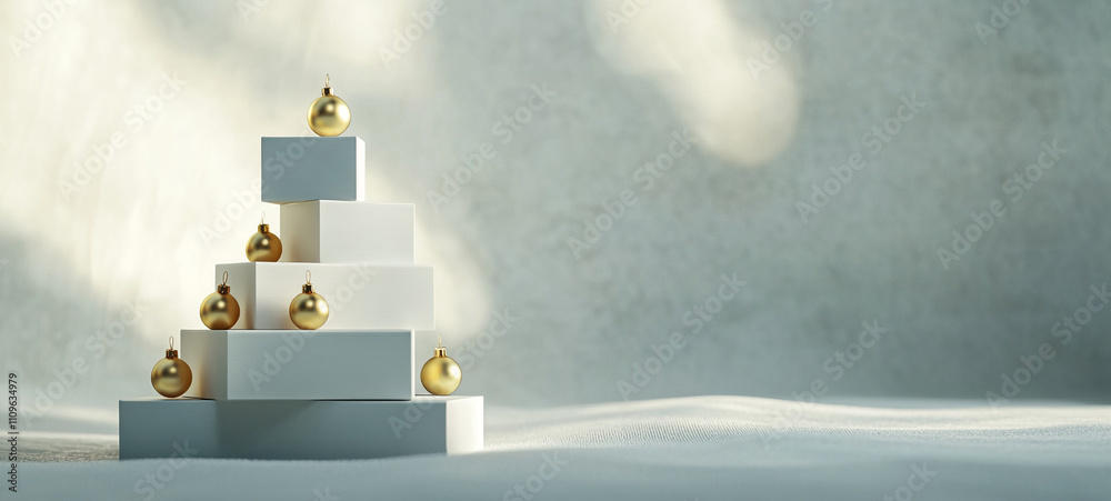 Poster holiday decorations feature a minimalist pyramid design with golden ornaments set in a serene winter