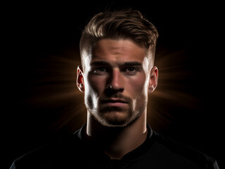 Fototapeta premium Professional football player posed with strobe lighting isolated on black background