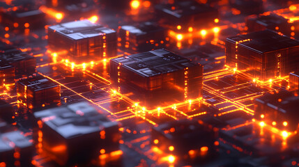 A close-up of a digital processor surrounded by glowing orange lights and detailed circuitry.