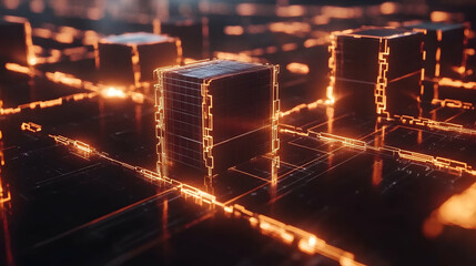 A futuristic glowing orange block matrix symbolizing secure data storage and blockchain architecture.