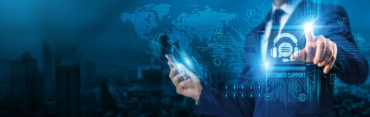 Businessman touch a circuit board customer support leverages global network resources to deliver...