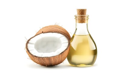 Realistic display of whole coconut and coconut oil bottle side by side on a white background