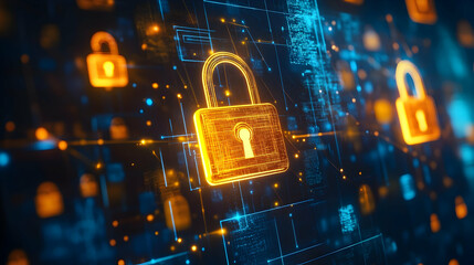 A glowing yellow lock on a digital background, representing cyber security and encryption.