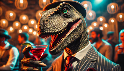 Dinosaur in gentlemen look and with a smiley face, chilling at party 
