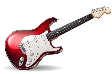 Obraz premium Red electric guitar, isolated on white background, angled view showing detail of body, neck, and pickups.
