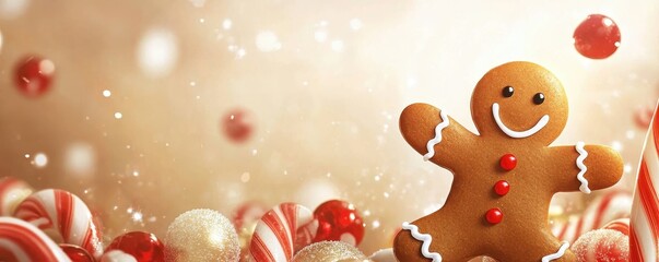 Naklejka premium A cheerful gingerbread cookie stands amidst festive candies, embodying the warmth and joy of the holiday season.