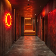Fototapeta premium Here's a description and keywords for your image.. Red-lit hallway with illuminated stairs and circular wall art.