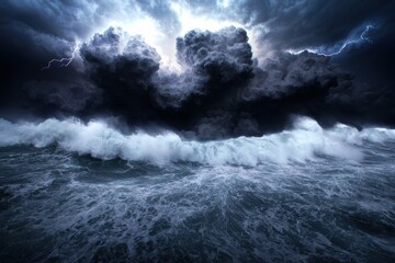 Obraz premium Dramatic stormy ocean waves and cloudy sky