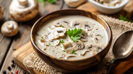 Mushroom cream soup on a wooden background, close-up.