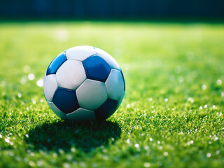 Fototapeta premium Artificial green grass soccer field with a blue training ball placed in the center