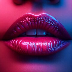 Shimmering Pink Lips Under Neon Light