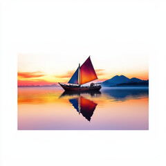 Fototapeta premium vibrant sailboat gliding across serene sunset landscape, reflecting colors on calm waters. tranquil scene evokes sense of peace and beauty