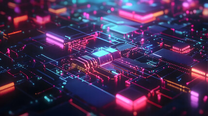 Obraz premium A futuristic circuit board with glowing pink and blue elements, representing advanced technology and data flow.