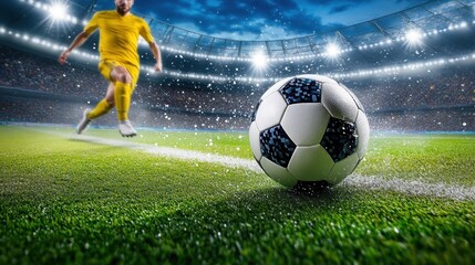 Naklejka premium Soccer Player Kicking Ball in Stadium