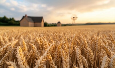 Obraz premium Scenic rural landscape with wheat field and windmill at sunset