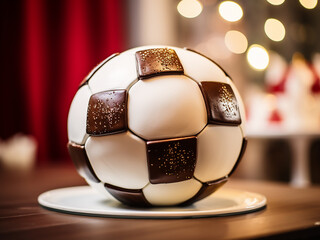 Cake shaped like a classic soccer ball with a blurred background