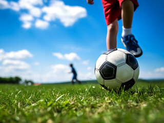 Close-up of a child�s legs and soccer ball on green grass with blue skies and clouds overhead