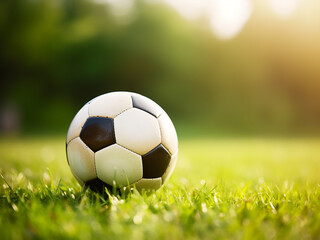 Closeup view of a soccer ball placed on lush green grass under the bright sunlight