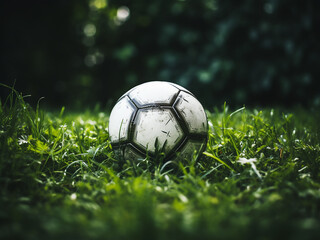 Closeup view of an old soccer ball lying on green grass in a dark tone low key photography