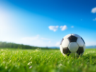 Fototapeta premium 3d soccer ball lying on fresh green grass under a vibrant blue sky representing summer vibes