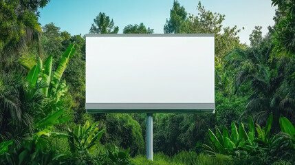 Fototapeta premium blank billboard stands tall amidst lush green tropical plants, surrounded by vibrant foliage and trees, creating serene and natural atmosphere