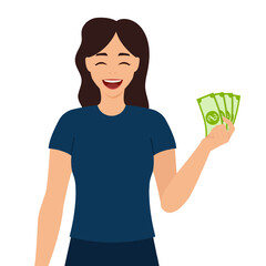 Happy girl holding money in hand. Smiling woman with dollar banknotes. Vector isolated on white.