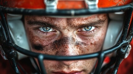 Intense close-up of a young American football player wearing a helmet, showcasing striking blue eyes and facial dirt smudges