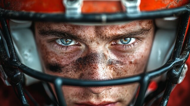 Intense close-up of a young American football player wearing a helmet, showcasing striking blue eyes and facial dirt smudges