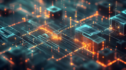 Fototapeta premium A glowing orange and blue digital grid with illuminated circuits, representing futuristic technology and data connectivity.
