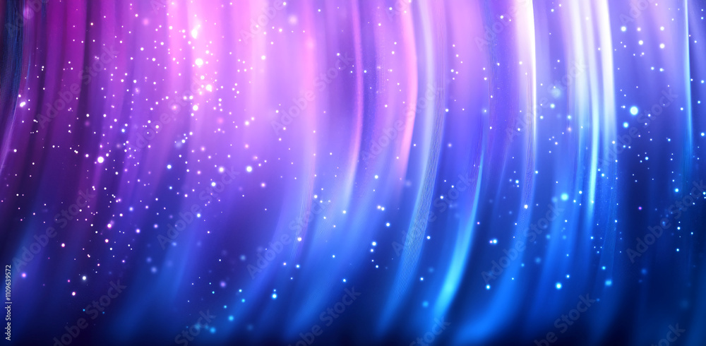 Poster vibrant cosmic abstract background in shades of purple and blue with shimmering stars and flowing li