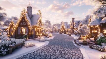 Naklejka premium A Snowy Village Street Adorned with Christmas Lights at Dusk