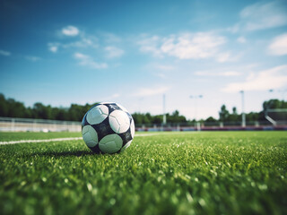 Obraz premium A football near the goal on a green grass sports field