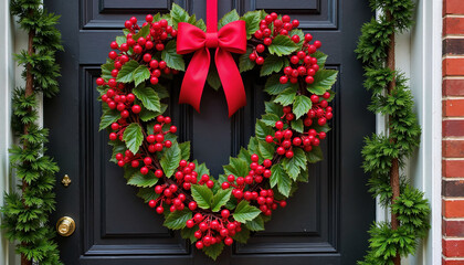 Fototapeta premium Festive heart-shaped wreath adorned with red berries and ribbon, holiday decor