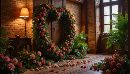 Naklejka premium Elegant heart-shaped floral wreath with roses, romantic interior decoration