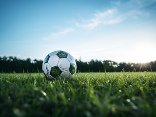 Obraz premium Football on green grass under a twilight sky