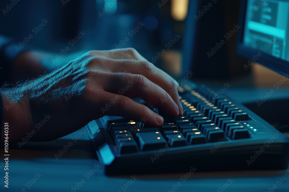 Poster closeup of hand typing on computer keyboard in low light, showcasing illuminated keys and focused at