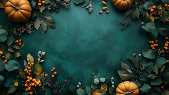 A minimalistic green background adorned with orange pumpkins, berries, and various leaves, creating a seasonal autumn vibe