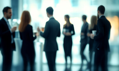 A vibrant networking event with business professionals engaging in conversation, blurred figures creating a sense of motion and activity
