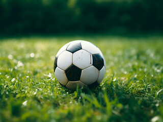 Fototapeta premium Soccer ball placed on a grass field background for sports photography