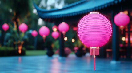 Vibrant pink lanterns illuminate tranquil evening in traditional asian setting