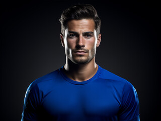 Fototapeta premium A football player in a blue shirt ready for action on the field