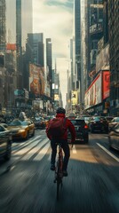 Obraz premium Urban Cyclist Navigates Bustling City Streets Amidst Skyscrapers and Traffic, Capturing the Essence of Modern City Life and Sustainable Transportation Choices